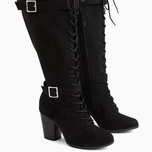 Torrid Black Faux Suede Lace-up Knee High Block Heel Boots Size 9.5